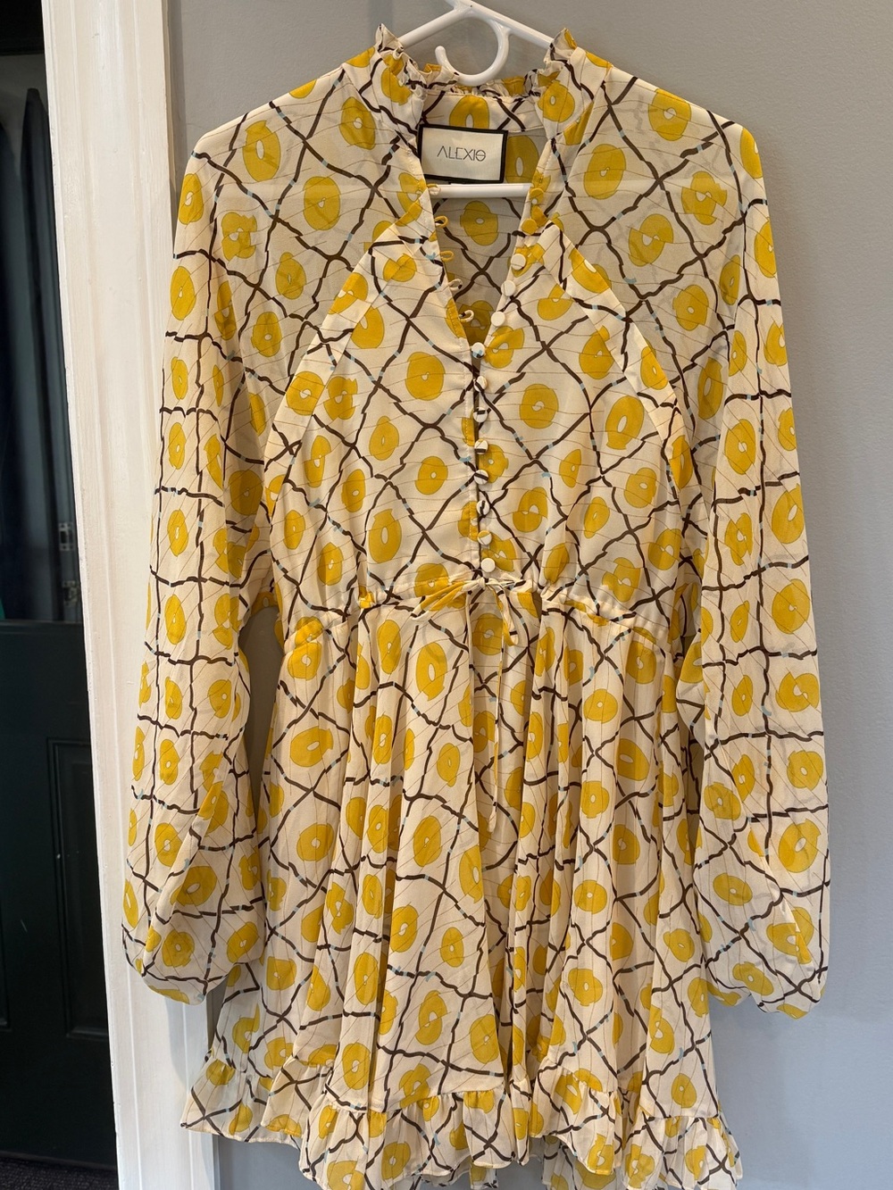 Alexis Rachael mini Ivory and Yellow Floral Tie-Waist Long Sleeve Dress
